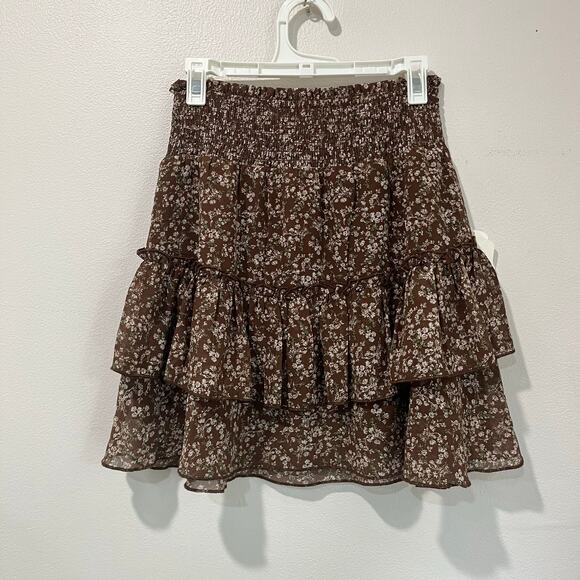 Altar’d State Brown Floral Ruffle Mini Skirt XS NWT Boho Cottagecore - Picture 2 of 7